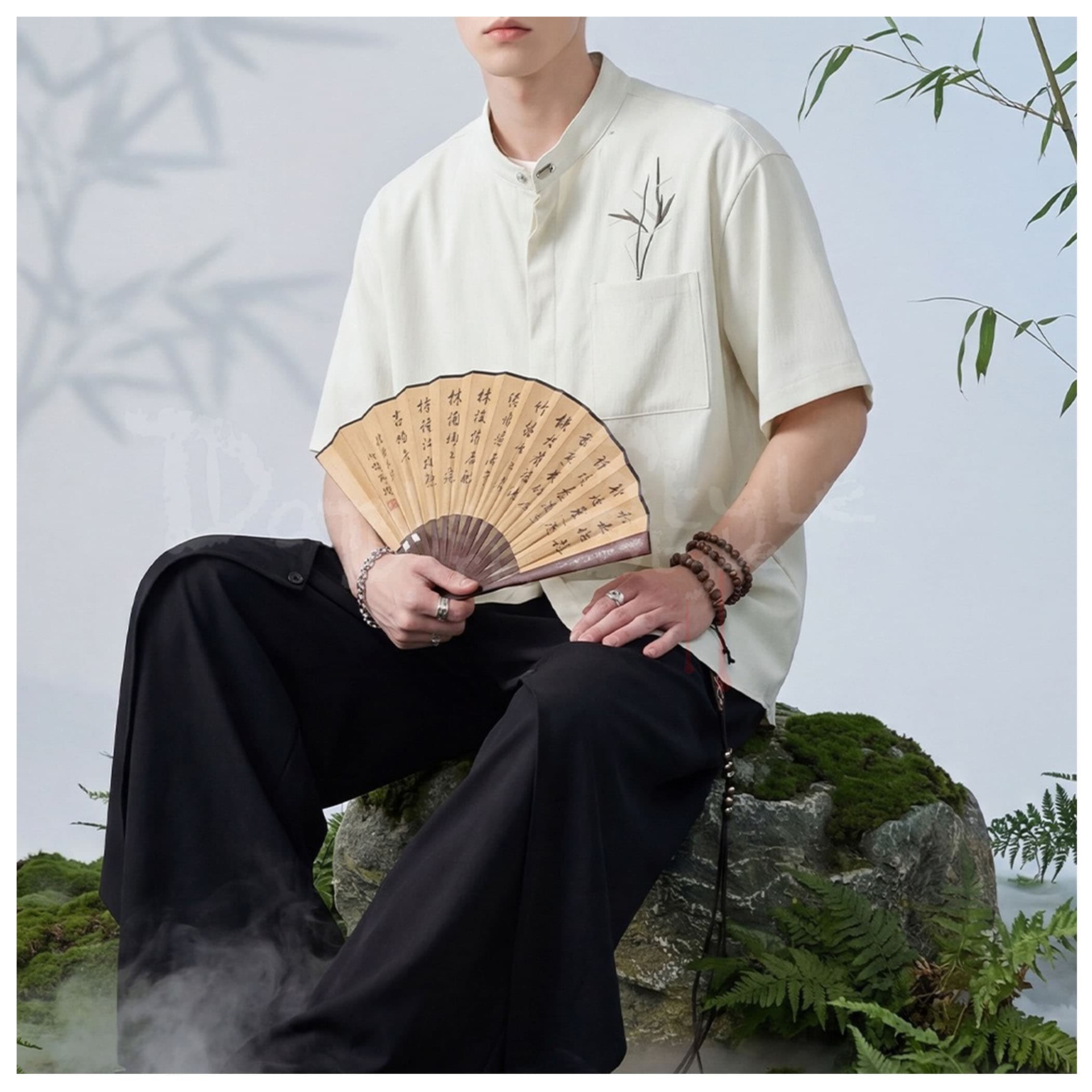 勁節-皺折竹葉刺繡立領質感上著 (2色)